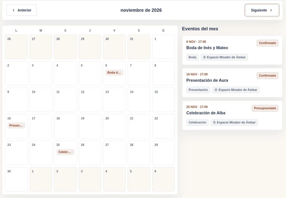 Calendario de noviembre de Faro de Nácar con tres eventos y su agenda.