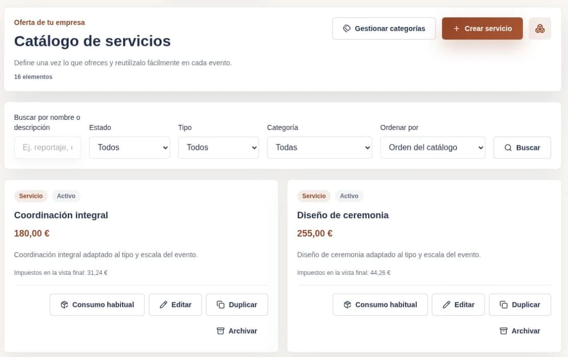 Catálogo de servicios de Faro de Nácar con sus categorías, precios y estados.