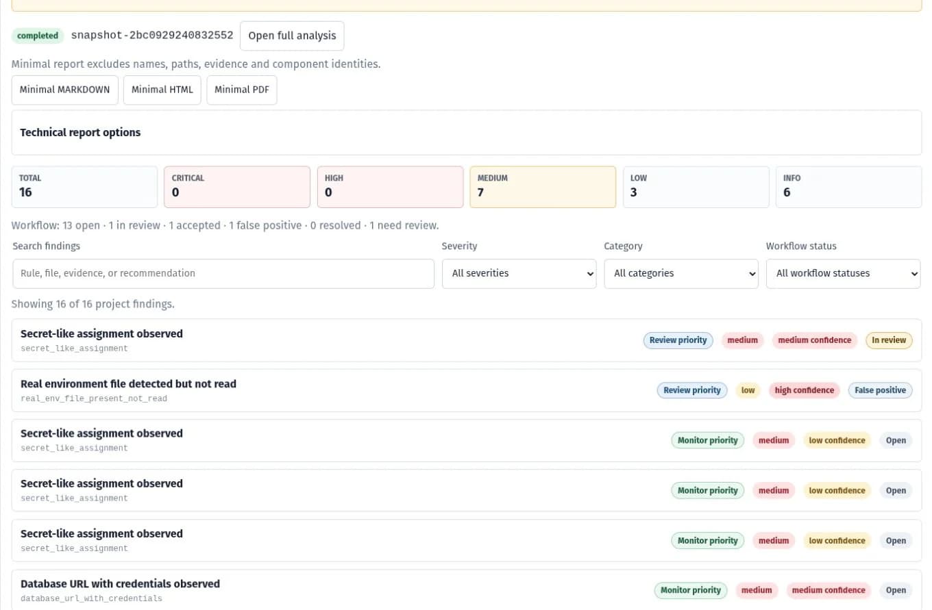 Lista de hallazgos de Lumen Portal con búsqueda, filtros, severidad, confianza y estado de revisión.