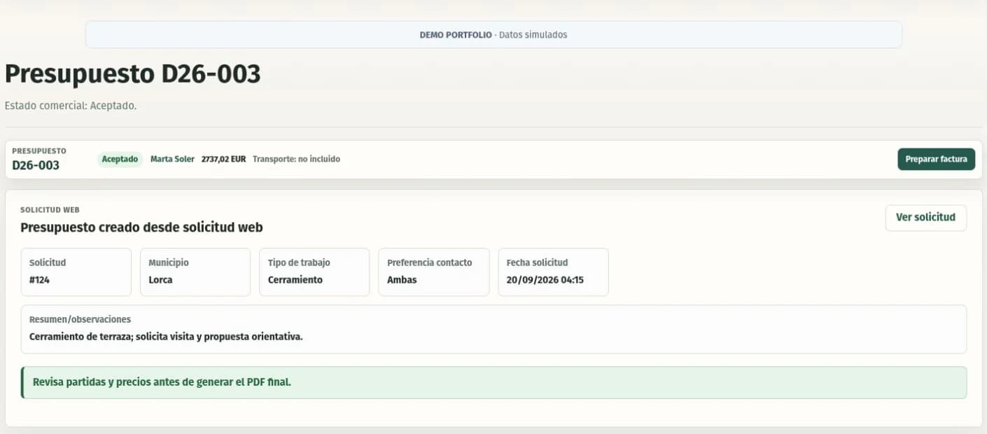 Presupuesto D26-003 aceptado y vinculado a su solicitud web.