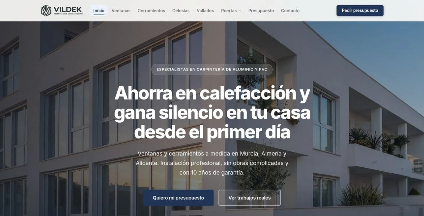 Portada de Vildek con navegación de servicios y acceso al presupuesto.