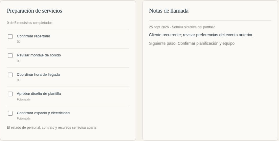 Requisitos de DJ y fotomatón para la boda de Lucía junto a una nota de llamada y siguiente paso.