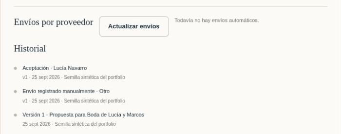 Historial del presupuesto de Lucía con versión, envío registrado manualmente y aceptación.
