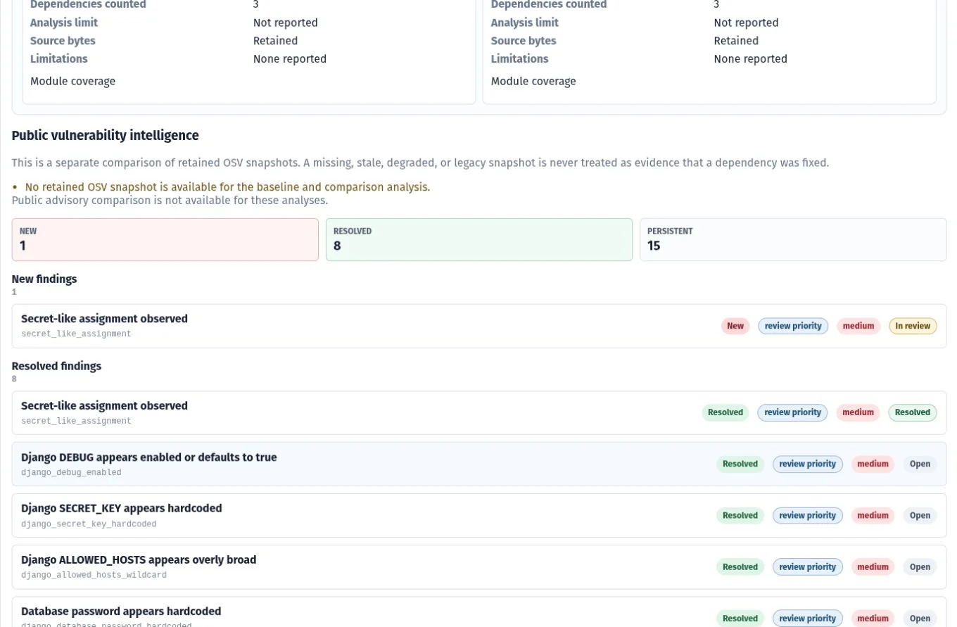 Comparación guardada de Lumen Portal: un hallazgo nuevo, ocho resueltos y quince persistentes.